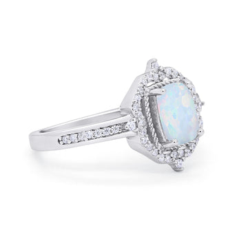 Halo Emerald Cut Wedding Ring Lab Created White Opal 925 Sterling Silver